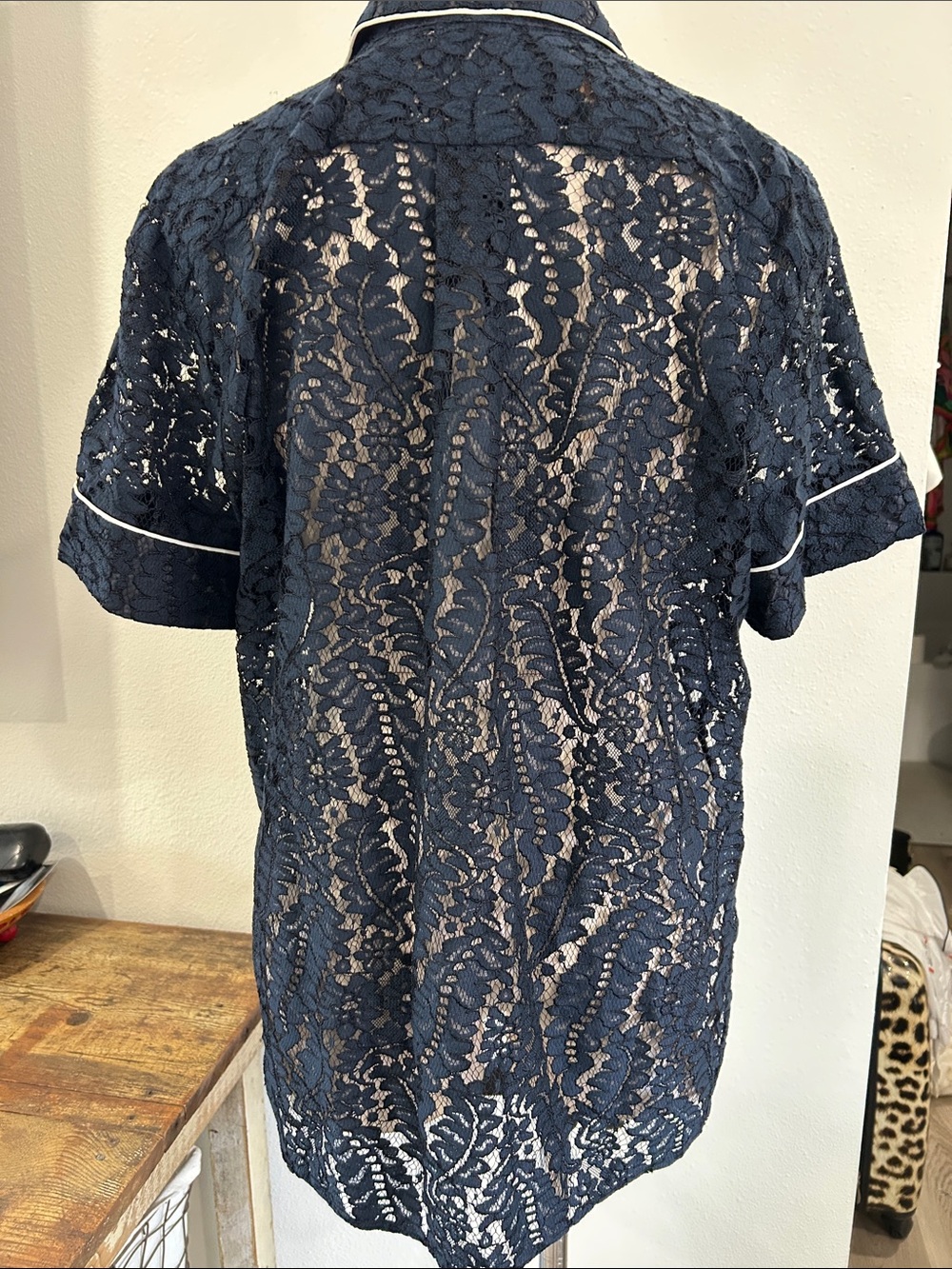 No.21  navy blue lace button down rhinestone anchor shirt size large - Picture 5 of 11